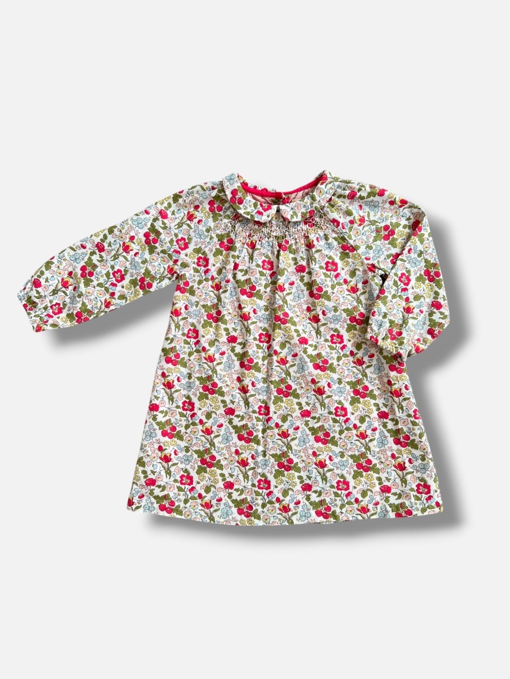 Baby Boden Girls 18-24M Raspberry Floral Smocked Cotton Dress Peter Pan Collar